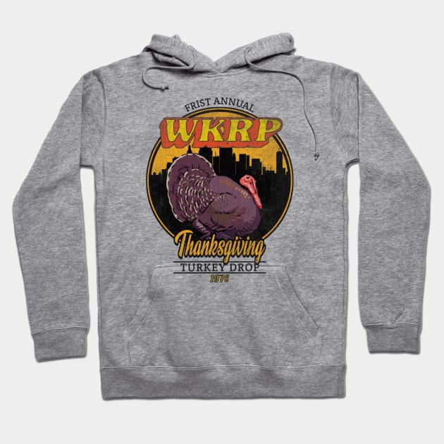 WKRP Turkey Drop IV Hoodie by Draw One Last Breath Horror 